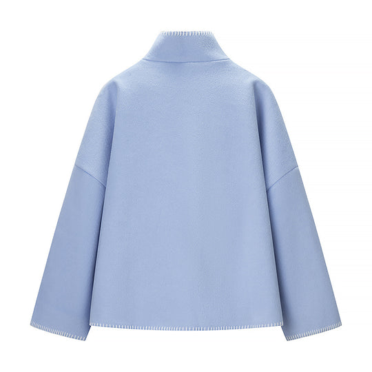 Damen Kurzer Wollcape-Mantel mit Stehkragen, Kontrastnaht und Druckknopfverschluss Shop Nory