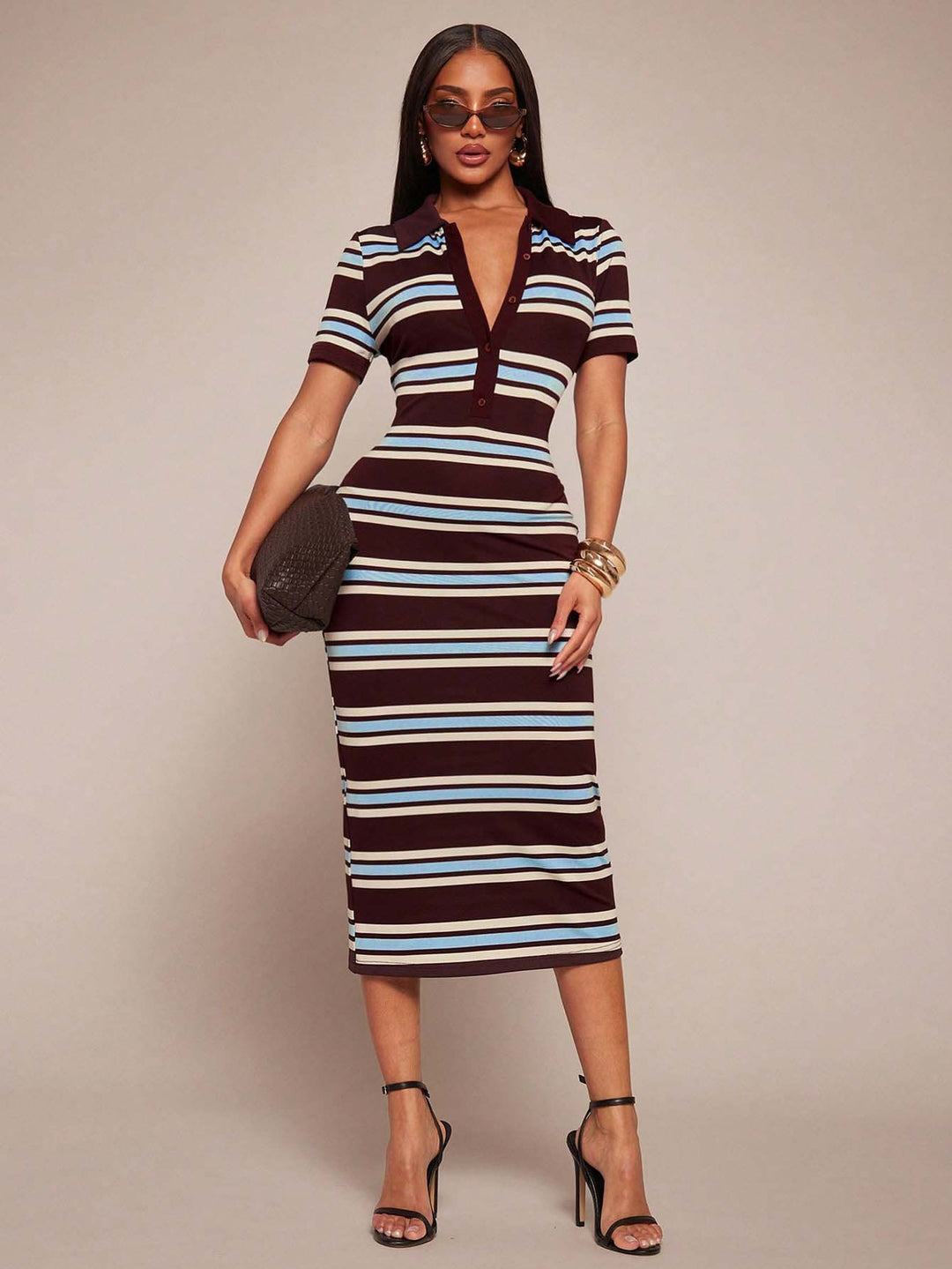 Damen Figurbetontes Polokleid im Streifen‑Look aus Rippstrick mit kurzem Ärmel Shop Nory
