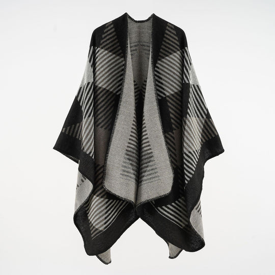 Damen Umhangponcho aus Wollmix mit geometrischem Streifen-Jacquard und offener Kantennaht Shop Nory