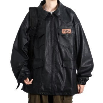 Unisex Oversized Utility Lederimitat Jacke mit Mehreren Klappentaschen Shop Nory