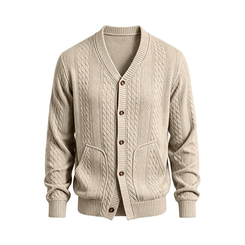 Herren Gestrickte Strickjacke mit Zopfmuster, V‑Ausschnitt und aufgesetzten Taschen Shop Nory