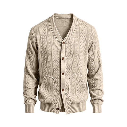 Herren Gestrickte Strickjacke mit Zopfmuster, V‑Ausschnitt und aufgesetzten Taschen Shop Nory