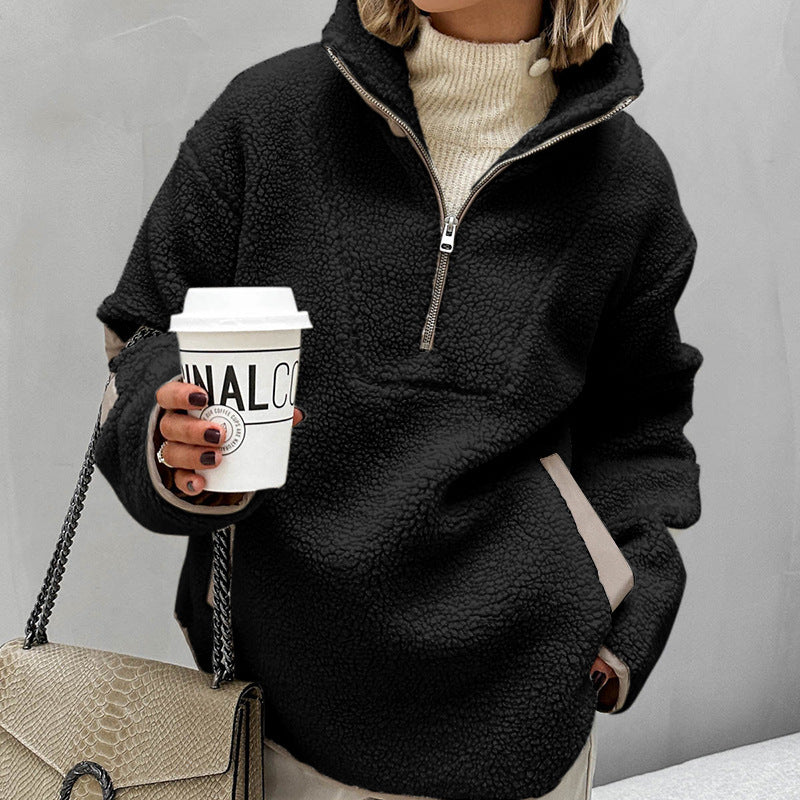 Damen Oversized Sherpa-Fleece Pullover mit halbem Reißverschluss und Kängurutasche Shop Nory