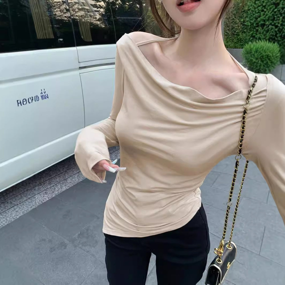 Damen schulterfreies Cowl-Longsleeve mit feinen Spaghettiträgern und sculptender Taillenpassform Shop Nory