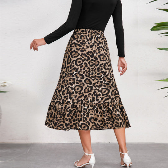 Damen Midirock mit elastischem Bund, Leopardenmuster und Volantbesatz Shop Nory