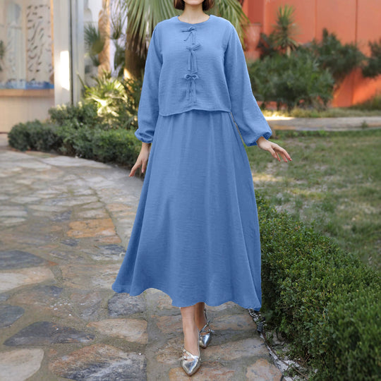 Damen Langes Zweiteiliges Maxikleid mit Überwurf, Rundhals und Zierknoten Shop Nory