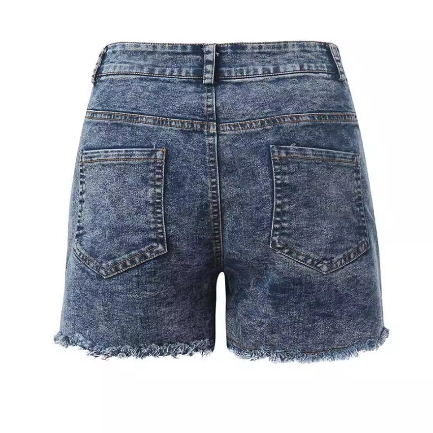 Damen hoch taillierte Denim-Shorts mit fransigem Saum