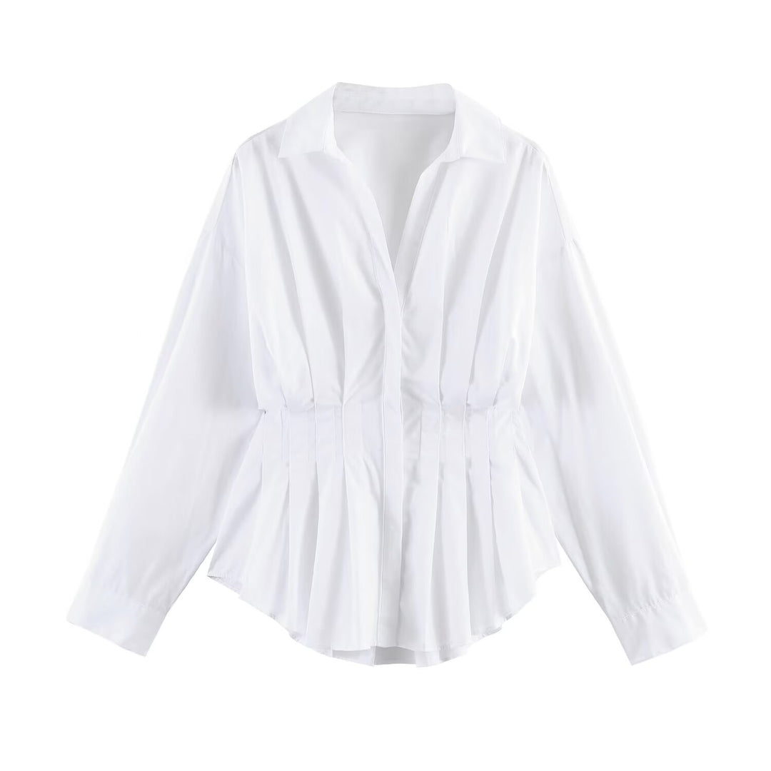 Damen Gestreifte Oversize-Bluse mit taillierenden Raffungen und Hemdkragen Shop Nory