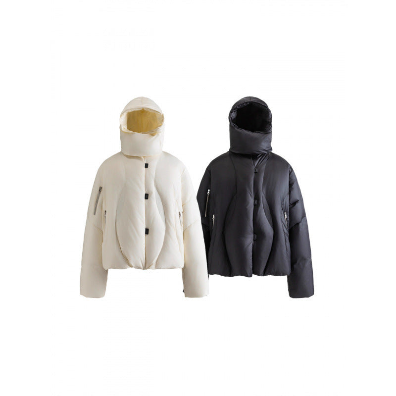 Unisex Kurz geschnittene Steppjacke mit hohem Kragen, Kapuze und Reißverschlüssen Shop Nory