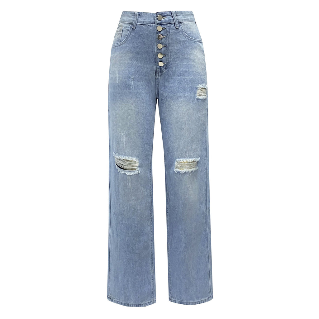 Damen Boyfriend-Jeans mit Knopfleiste und Distressed-Details