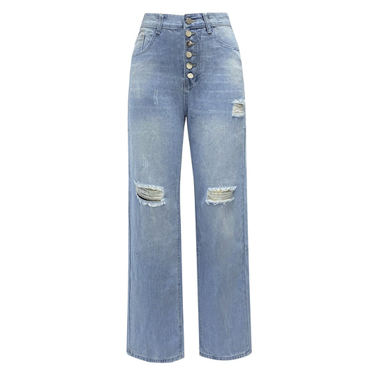Damen Boyfriend-Jeans mit Knopfleiste und Distressed-Details