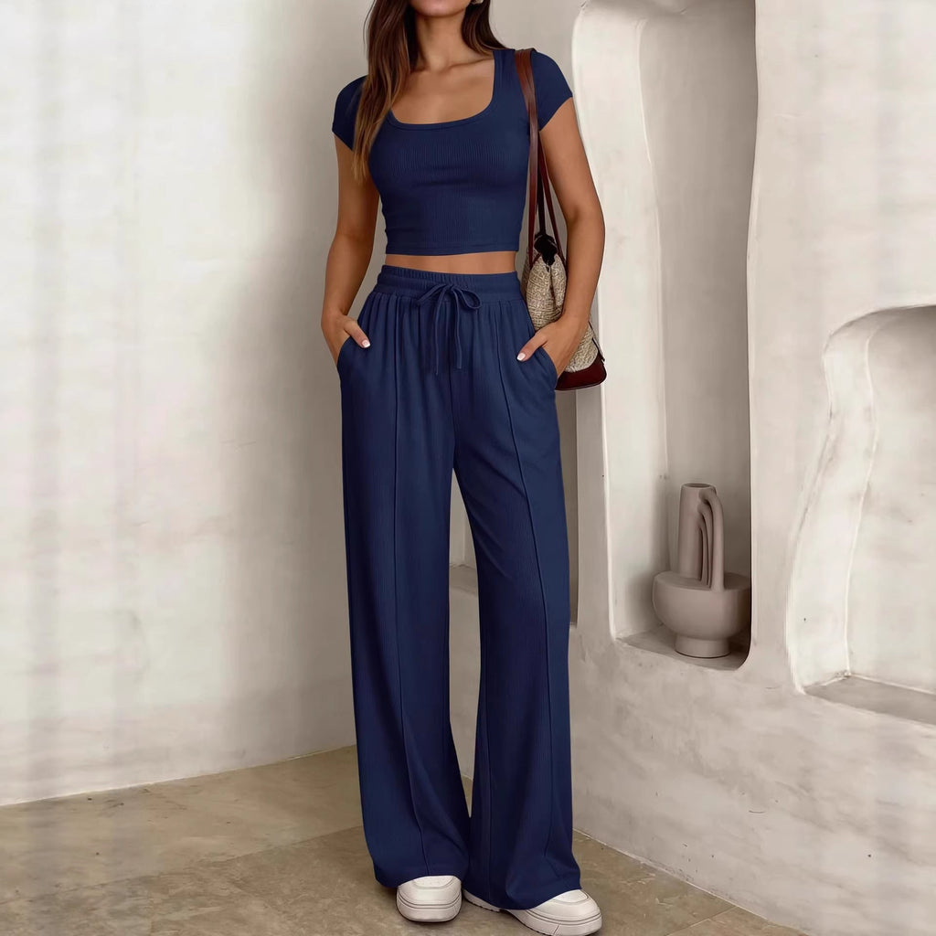 Damen lässiges Cropped-Top und weite Hose Set