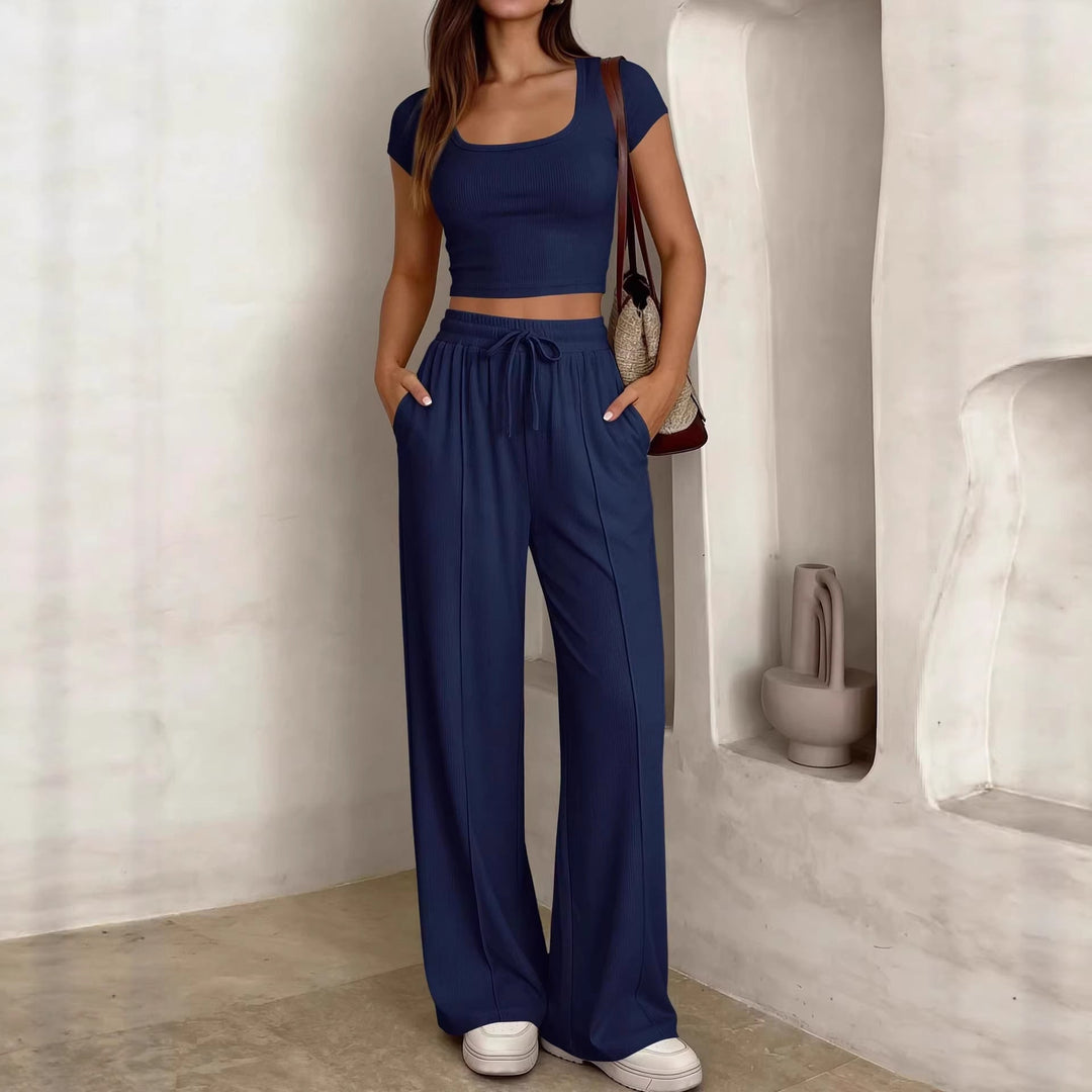 Damen lässiges Cropped-Top und weite Hose Set