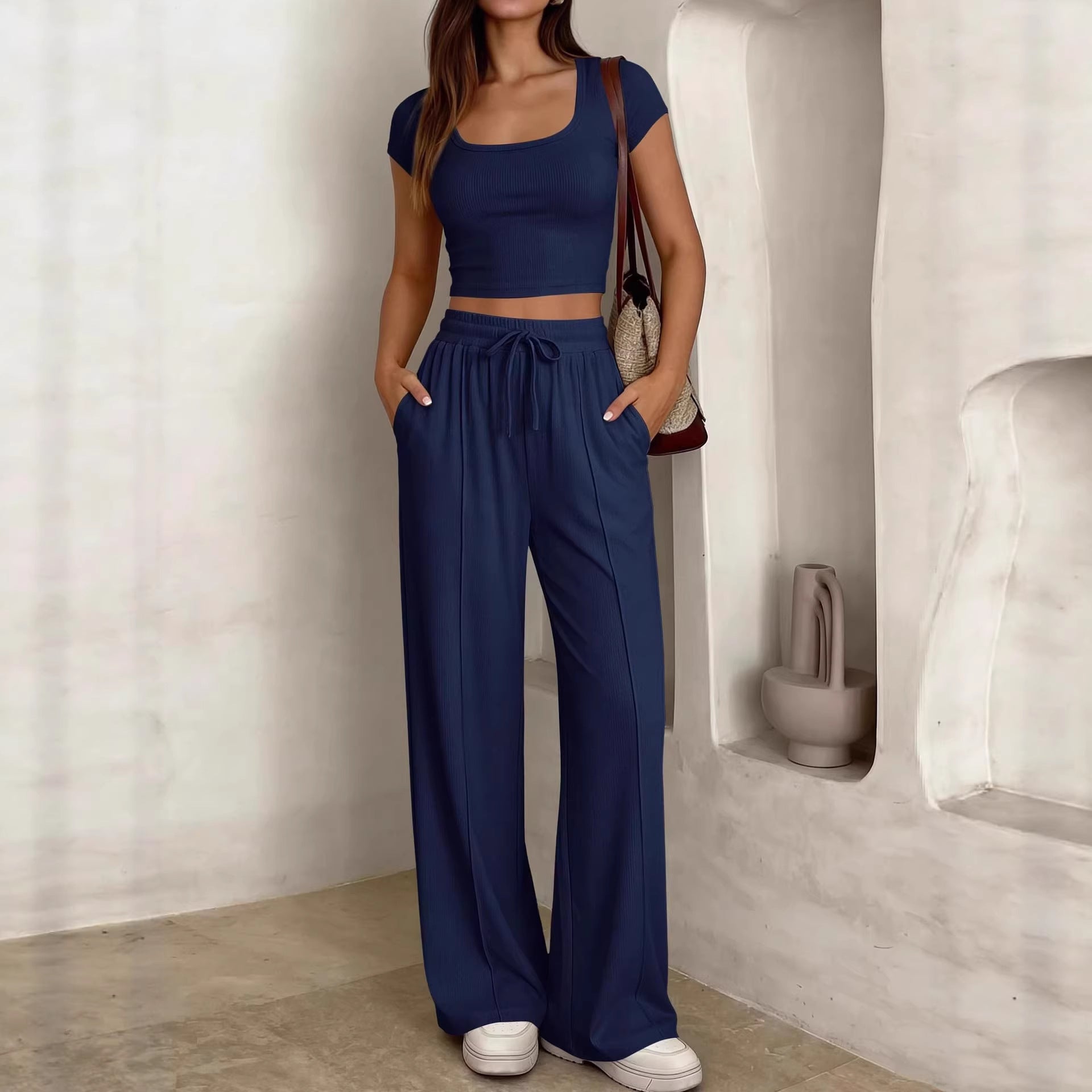 Damen lässiges Cropped-Top und weite Hose Set