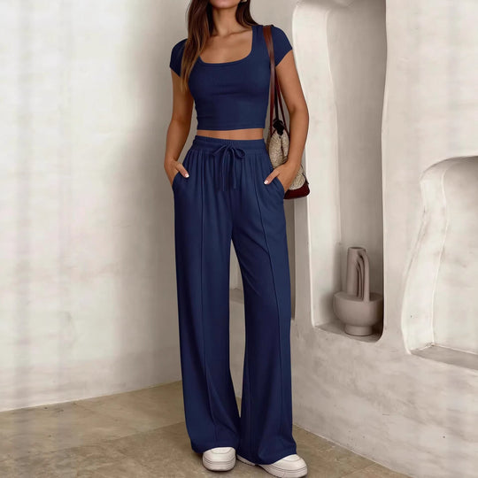 Damen lässiges Cropped-Top und weite Hose Set