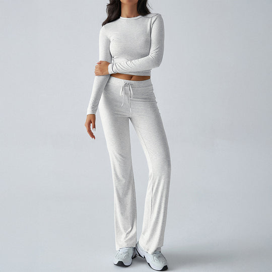 Damen nan tailliertes Longsleeve-Crop-Top und weite Lounge-Hose im Zweiteiler-Set aus Stretchjersey Shop Nory