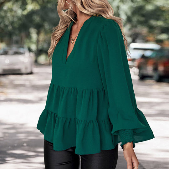 Damen Zweistufige Volant-Bluse mit V-Ausschnitt und gerafften Ärmelbündchen Shop Nory