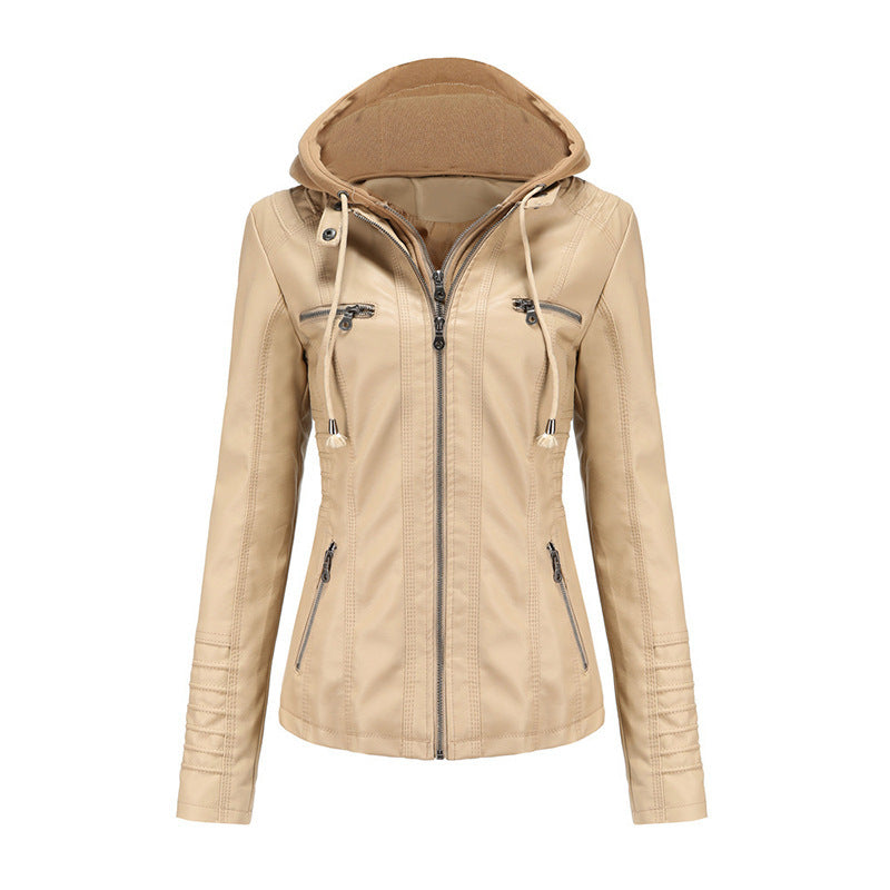 Damen Taillierte Kunstlederjacke mit abnehmbarer Kapuze und Reißverschluss Shop Nory