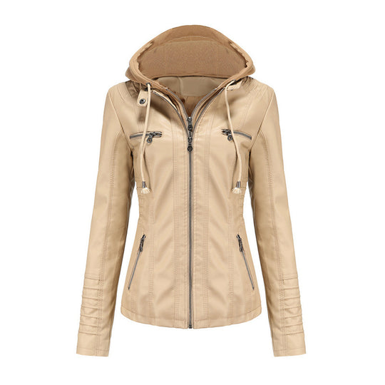 Damen Taillierte Kunstlederjacke mit abnehmbarer Kapuze und Reißverschluss Shop Nory