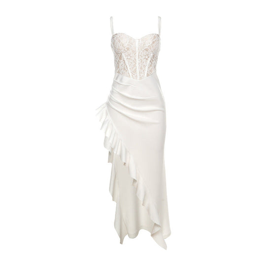 Damen Brautkleid mit Spitzenoberteil und asymmetrischen Rüschen