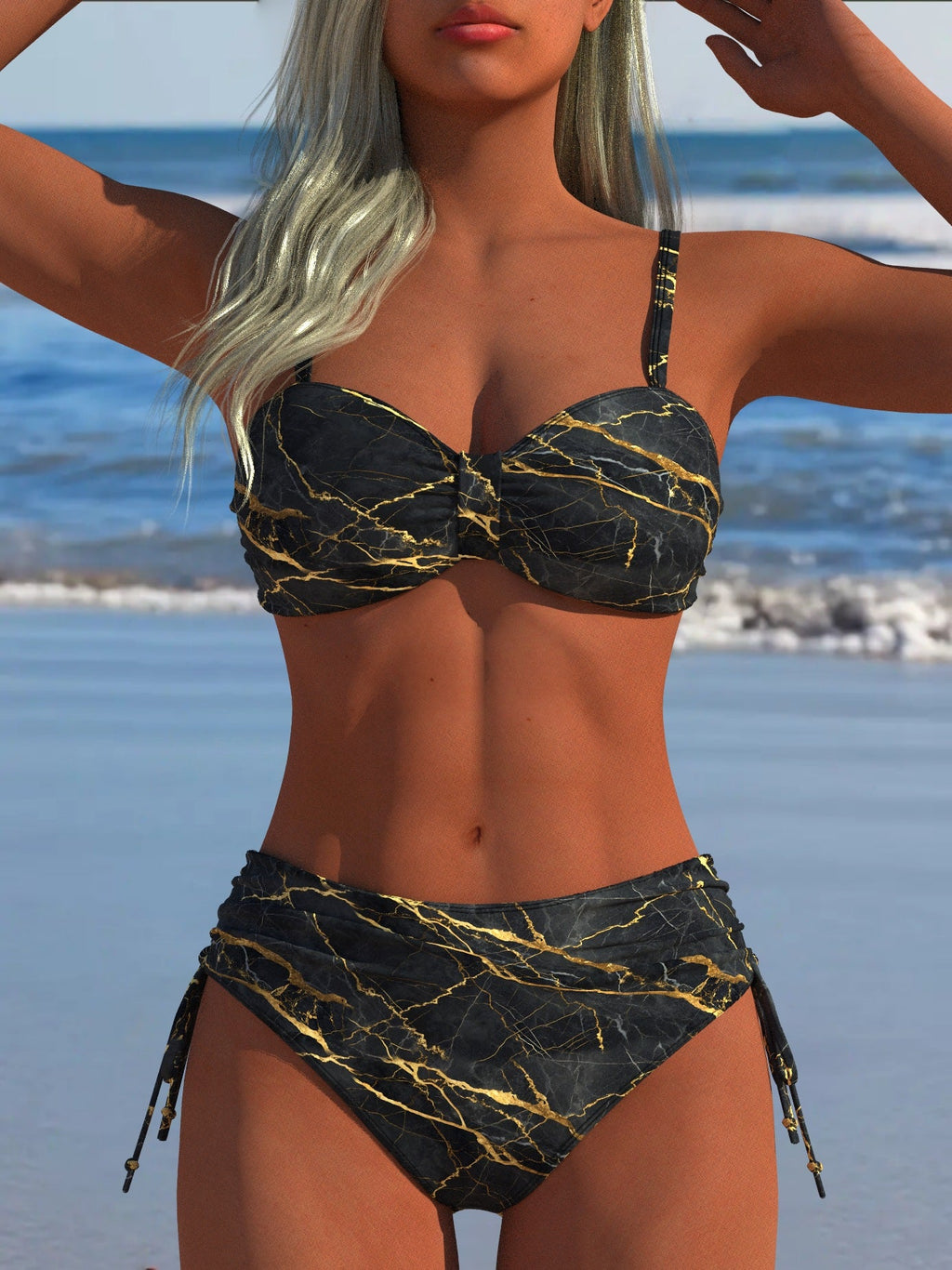 Damen Bikini-Set mit stilvollem Karomuster und goldfarbenen Akzenten