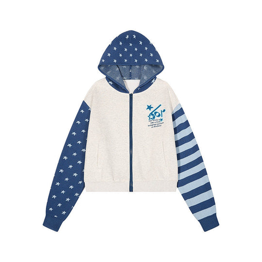 Damen Kurz geschnittene Kapuzen-Sweatjacke mit durchgehendem Reißverschluss, gemusterten Ärmeln und Sternmotiv Shop Nory