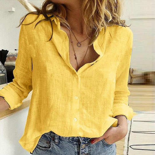Damen Atmungsaktive Baumwoll‑Leinen Tunika‑Bluse mit Kentkragen, geknöpftem V‑Ausschnitt und gerundetem Saum Shop Nory