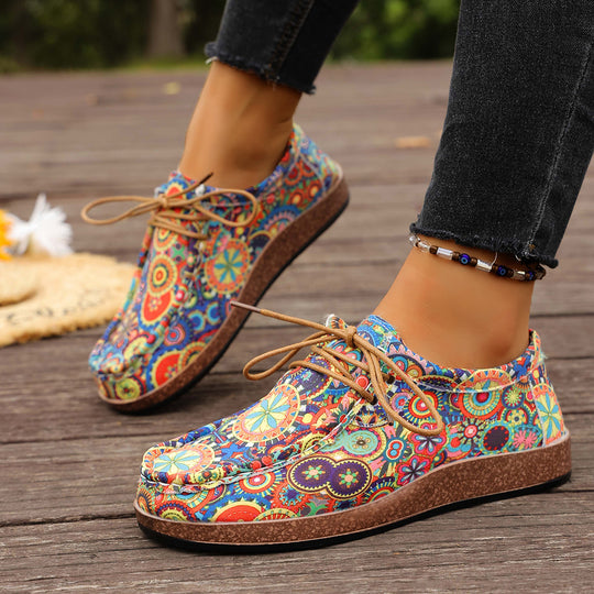 Damen bunte gemusterte Canvas-Schnürschuhe mit leichter Plateau-Sohle Shop Nory