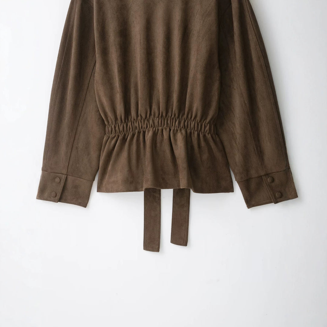 Damen Kurzjacke in Wildlederoptik mit hohem Funnelkragen und Bindegürtel Shop Nory