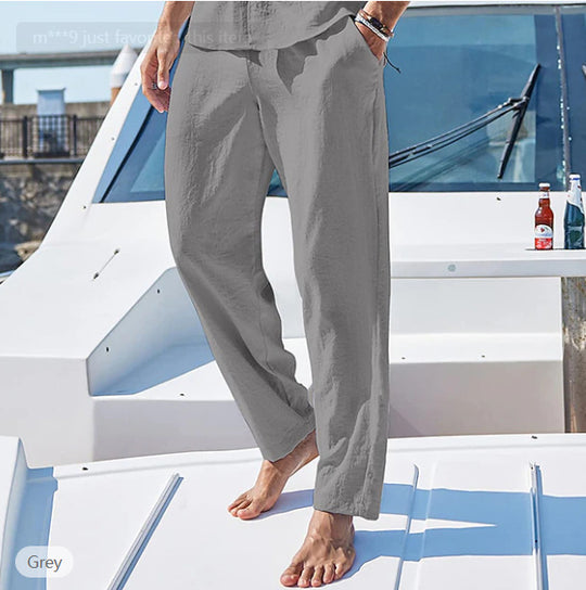 Herren entspannte Leinenmix-Freizeit-Hose mit geradem Bein, verdecktem Tunnelzug und versteckter Reißverschlusstasche Shop Nory