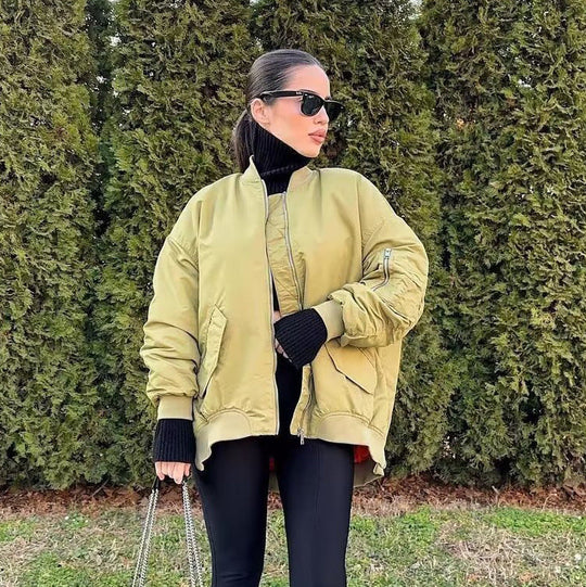 Damen lässige Bomberjacke mit elastischen Bündchen und praktischen Taschen Shopnory