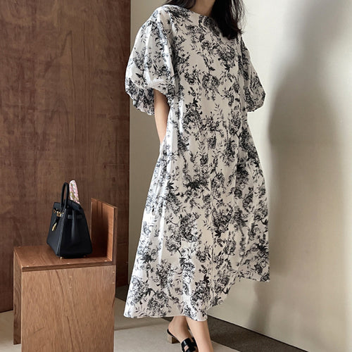 Damen Ausgestelltes Midikleid mit floraler Toile‑Optik, Puffärmeln und Seitentaschen Shop Nory