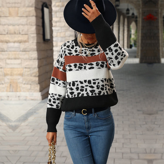 Damen Feinstrickpullover mit Animalprint‑Blockstreifen und geripptem Saum Shop Nory