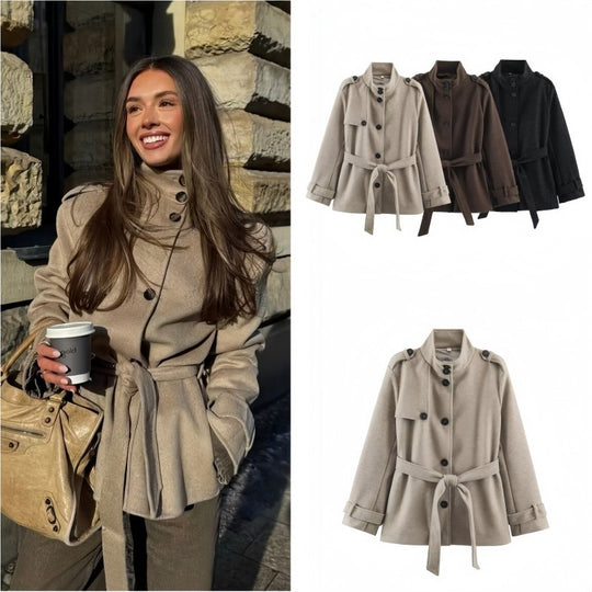 Damen Kurzer taillierter Mantel mit Stehkragen, Schulterriegeln und Bindegürtel Shop Nory