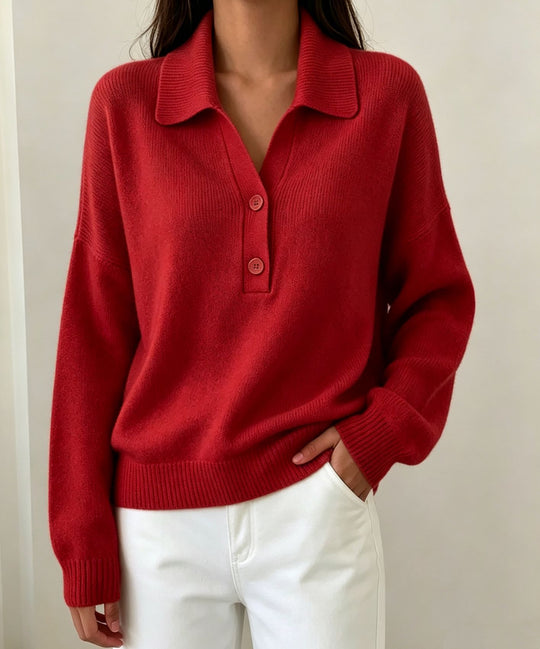 Damen Polokragen-Pullover mit halber Knopfleiste und geripptem Saum Shop Nory