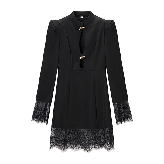 Damen Langarm-Minikleid mit Stehkragen, Cut-outs, goldenen Zierknöpfen und Spitzenbesatz Shop Nory