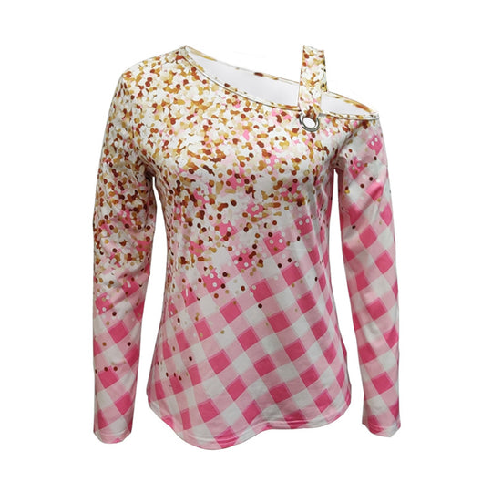 Damen Schulterfreies Langarmshirt mit Gingham-Karo und One-Shoulder-Riemen Shop Nory