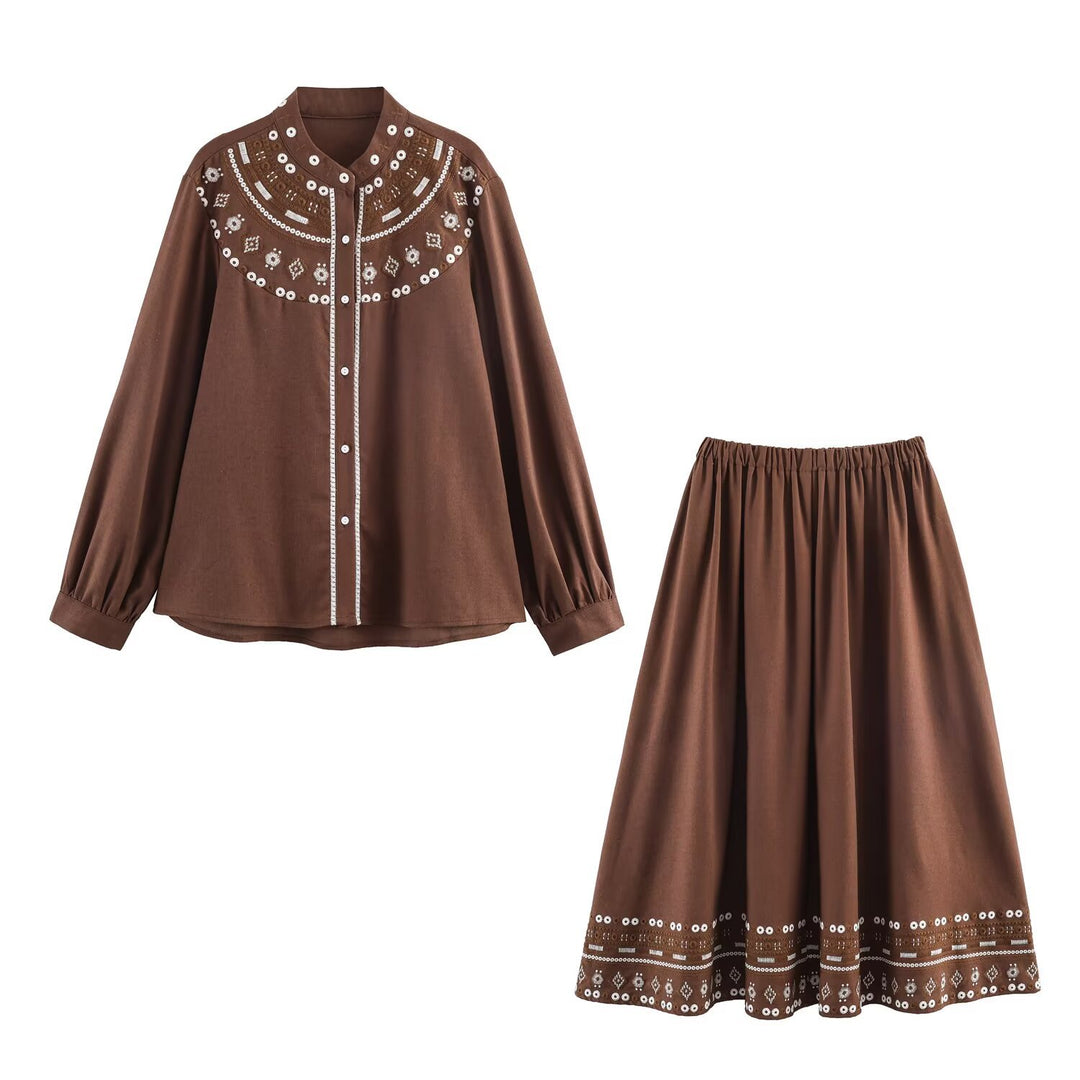 Damen zweiteiliges Blusen- und Midirock-Set mit besticktem Yoke und Pailletten Shop Nory