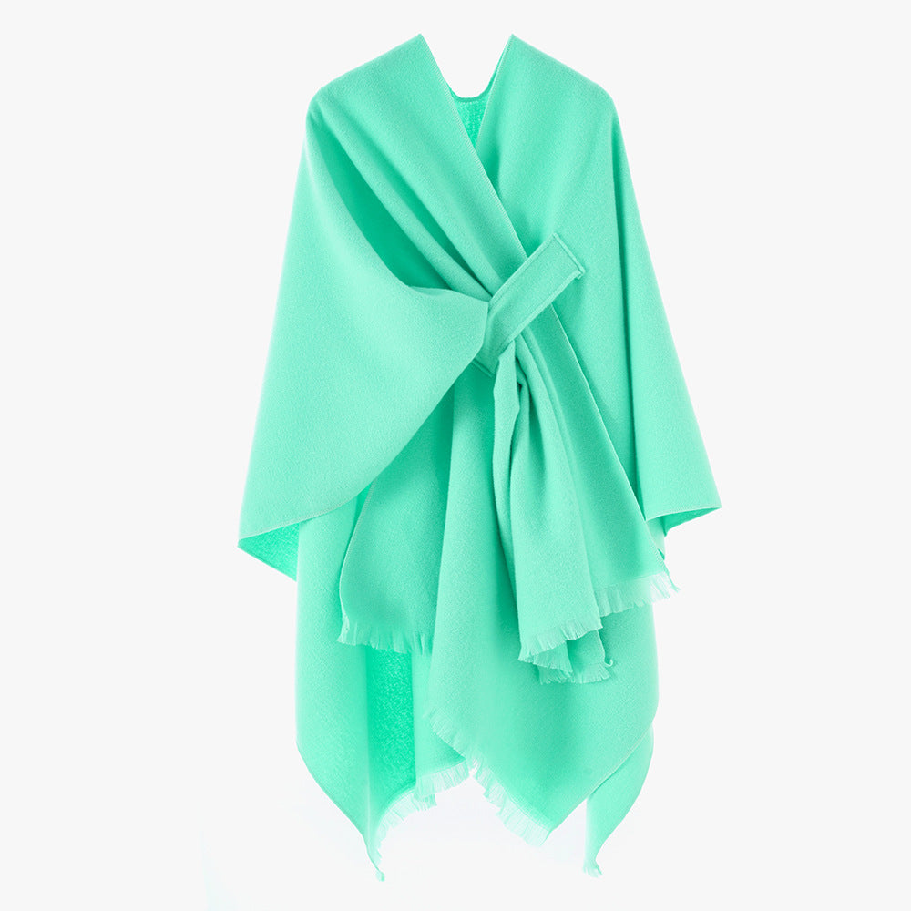 Damen leichter Wollmix-Überwurf mit Fransen und Bindegürtel Shop Nory