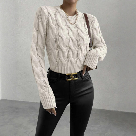 Damen Feiner Zopf‑Strickpullover mit Rundhals und gerippten Bündchen Shop Nory