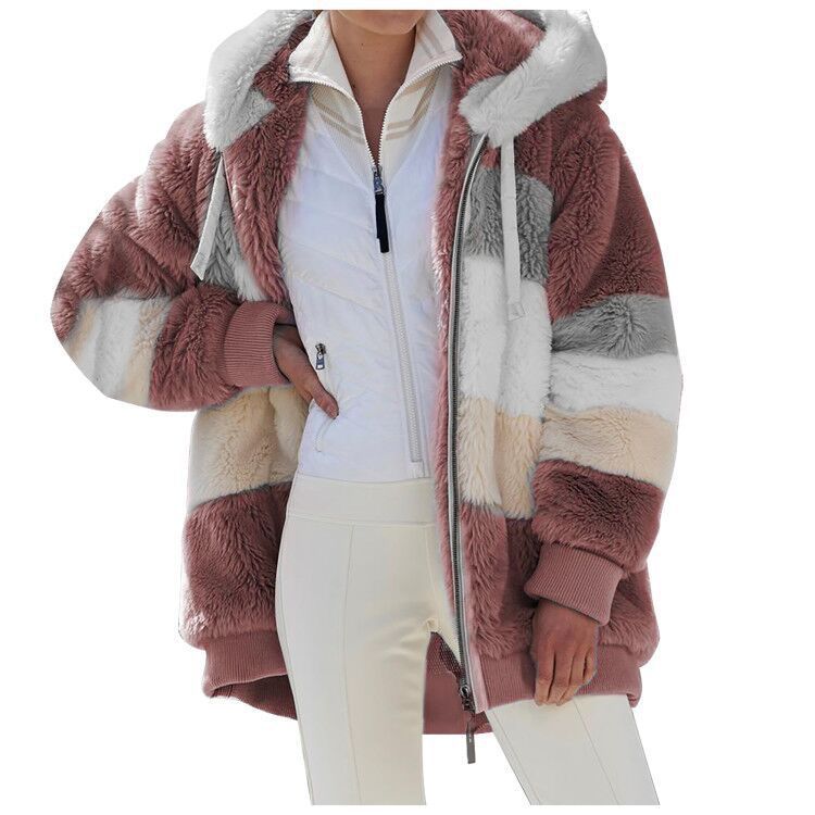 Damen nan oversized Kunstfelljacke mit Kapuze, Blockstreifen-Optik und zweifachem Reißverschluss Shop Nory