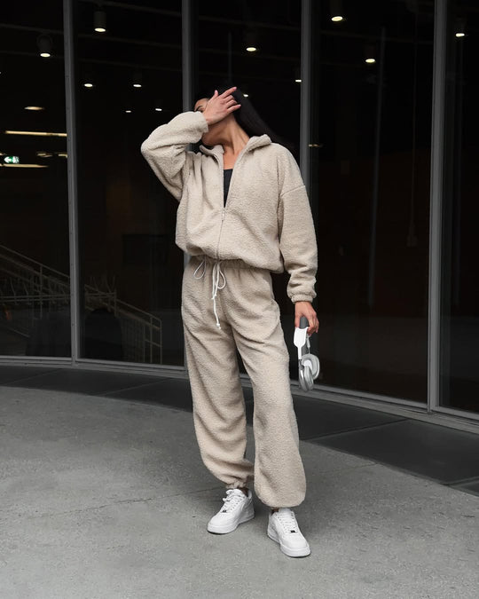 Damen Teddy-Fleece-Loungewear Set mit halbem Reißverschluss elastischem Tunnelzugbund und weitem Bein Shop Nory