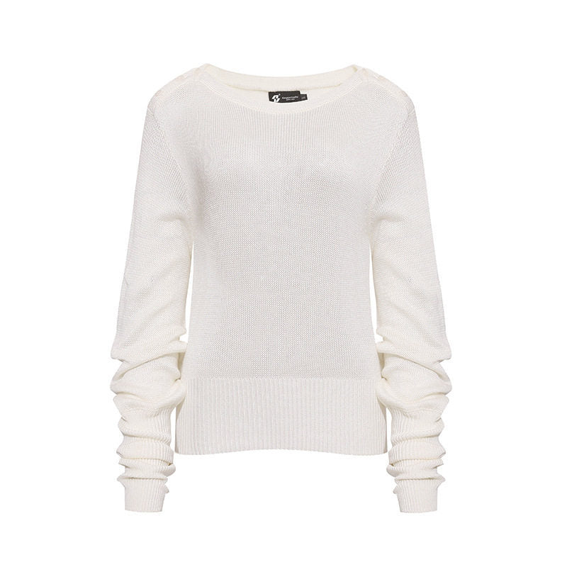 Damen Leichter Feinstrick-Pullover mit überschnittenen Schultern und langen Raffärmeln Shop Nory