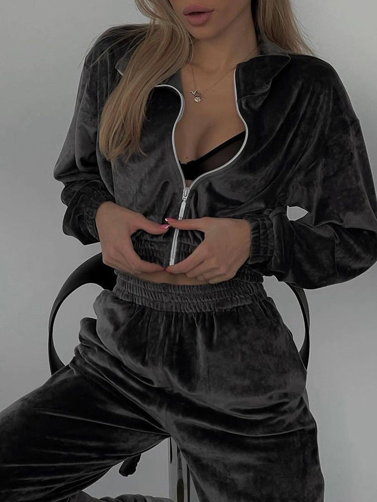 Damen luxuriöses Velours Lounge-Set mit kurzem Reißverschlussjacke und hochtaillierter Gummibund-Jogger Shop Nory