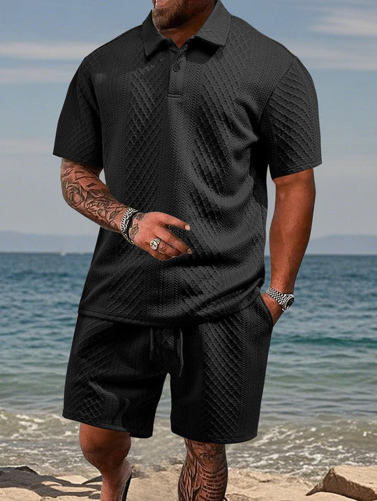 Herren nan geprägtes Strand-Ensemble mit offenem Kurzarm-Hemd und Kordel-Bermuda