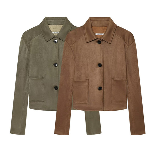 Damen Kurzjacke im Veloursleder-Look mit Hemdkragen und aufgesetzten Taschen Shop Nory