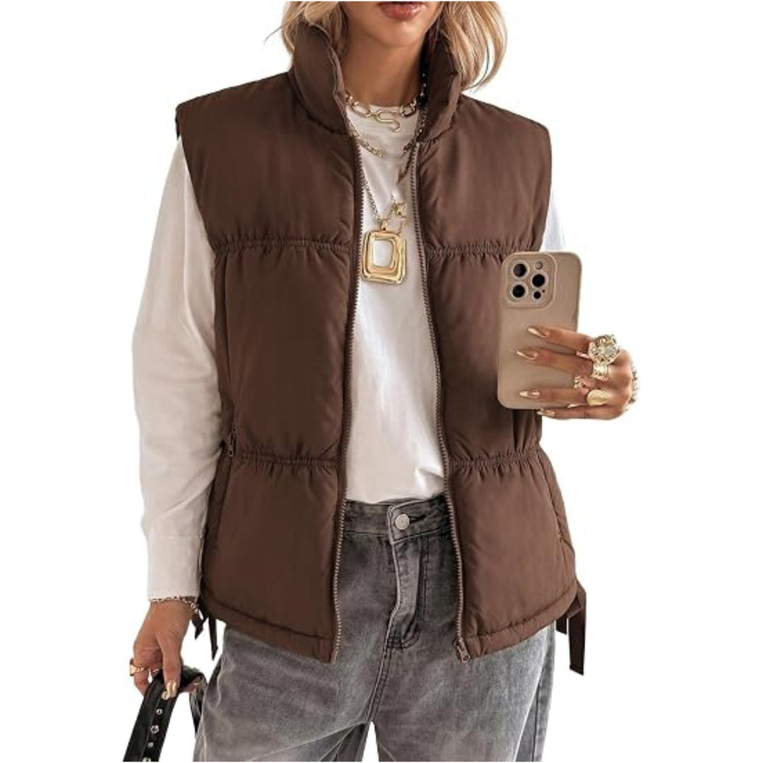 Damen Wattierte Ärmellose Weste mit Stehkragen und Kordelzug Shop Nory