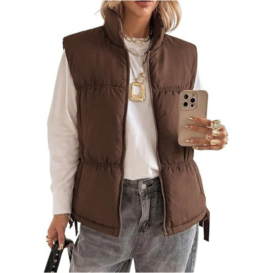 Damen Wattierte Ärmellose Weste mit Stehkragen und Kordelzug Shop Nory