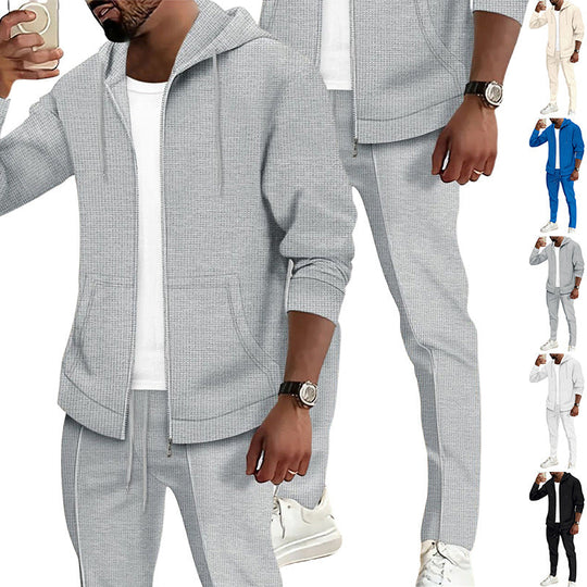 Herren nan Waffelstruktur-Jogginganzug mit Kapuzen-Zipjacke und konisch geschnittener Jogginghose