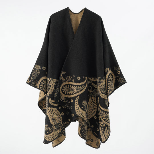 Damen Feines Woll-Cape im Überwurfstil mit kontrastierender Border-Jacquard Shop Nory